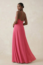 Sheath Halter Chiffon Bridesmaid Dress with Slit in Fuchsia - Curvevia