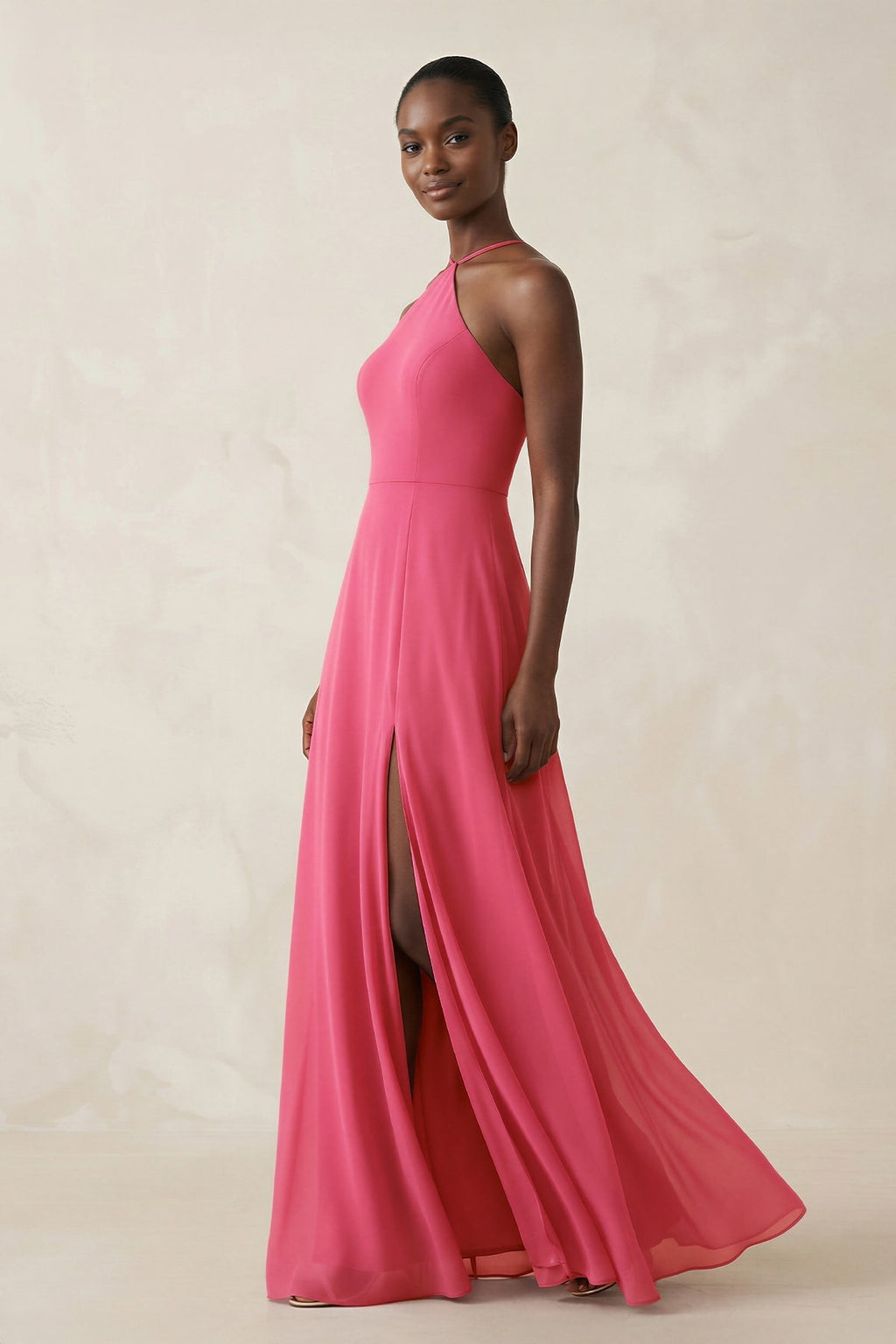 Sheath Halter Chiffon Bridesmaid Dress with Slit in Fuchsia - Curvevia