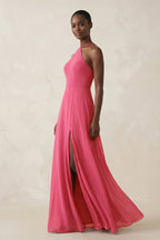 Sheath Halter Chiffon Bridesmaid Dress with Slit in Fuchsia - Curvevia