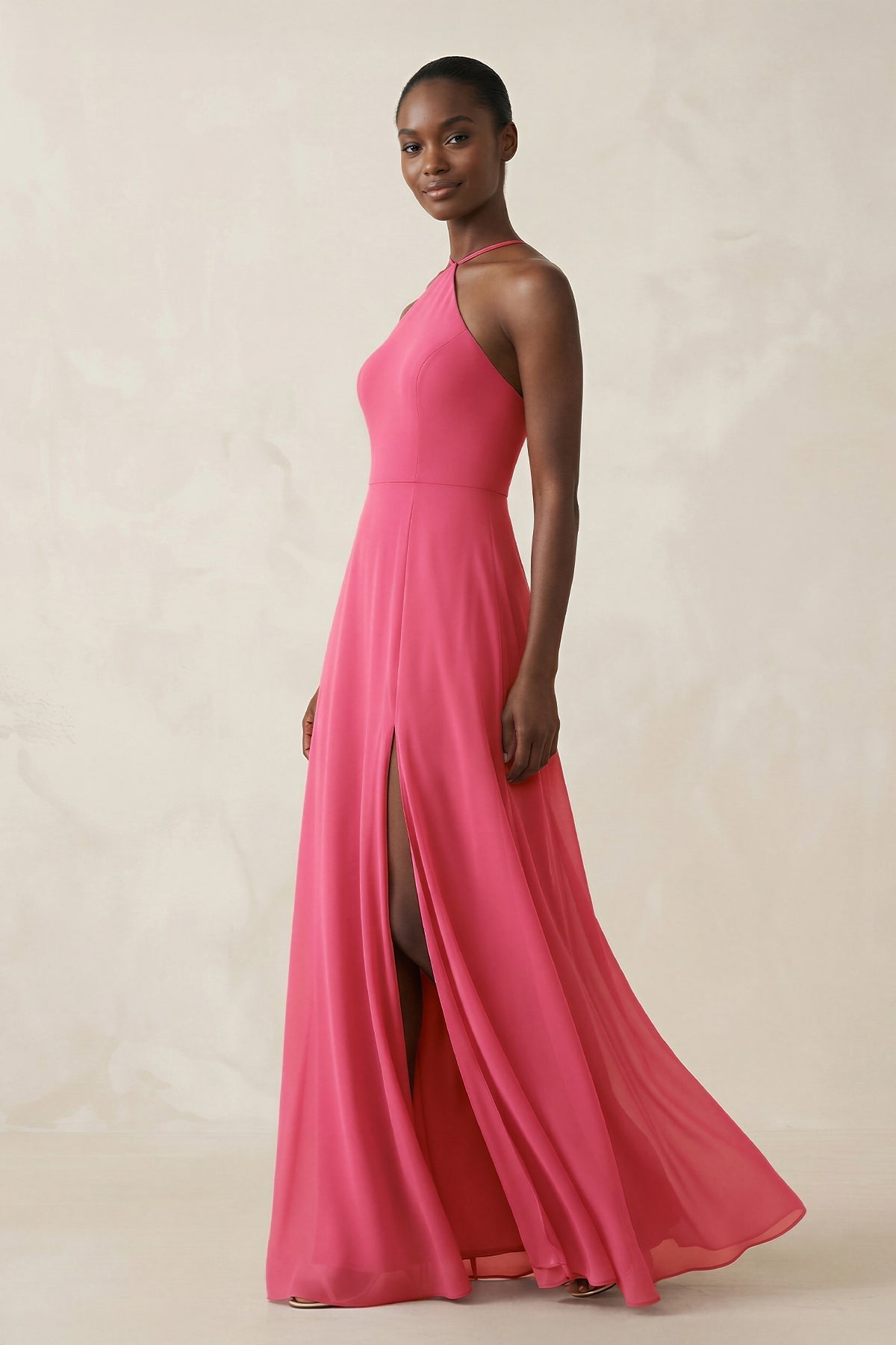 Sheath Halter Chiffon Bridesmaid Dress with Slit in Fuchsia - Curvevia
