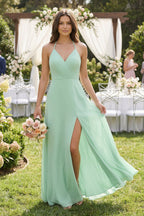 Halter Sheath Long Chiffon Bridesmaid Dress in Pale Pistachio - Curvevia