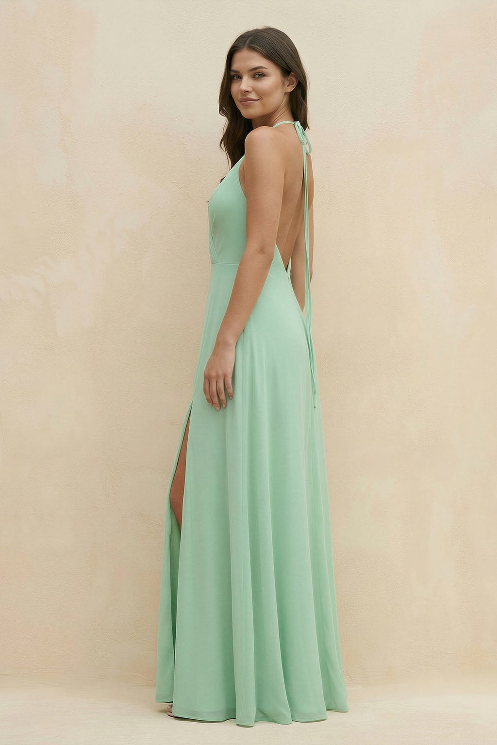 Halter Sheath Long Chiffon Bridesmaid Dress in Pale Pistachio - Curvevia