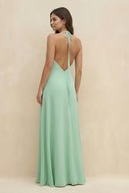 Halter Sheath Long Chiffon Bridesmaid Dress in Pale Pistachio - Curvevia