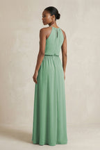 Halter Sheath Ruched Chiffon Bridesmaid Dress in Sea Glass - Curvevia