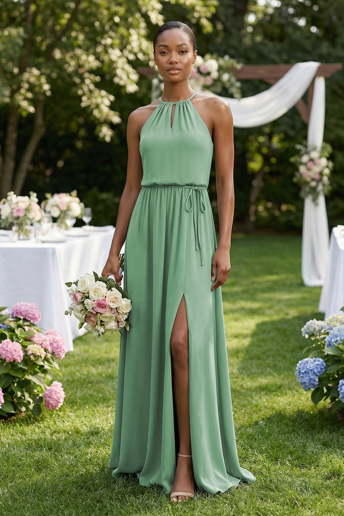 Halter Sheath Ruched Chiffon Bridesmaid Dress in Sea Glass - Curvevia