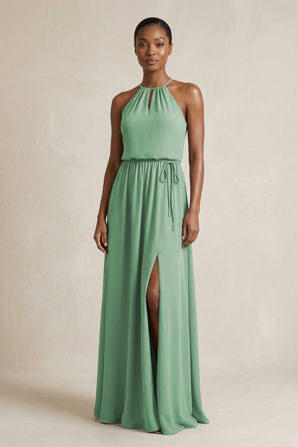 Halter Sheath Ruched Chiffon Bridesmaid Dress in Sea Glass - Curvevia