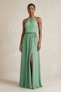 Halter Sheath Ruched Chiffon Bridesmaid Dress in Sea Glass - Curvevia