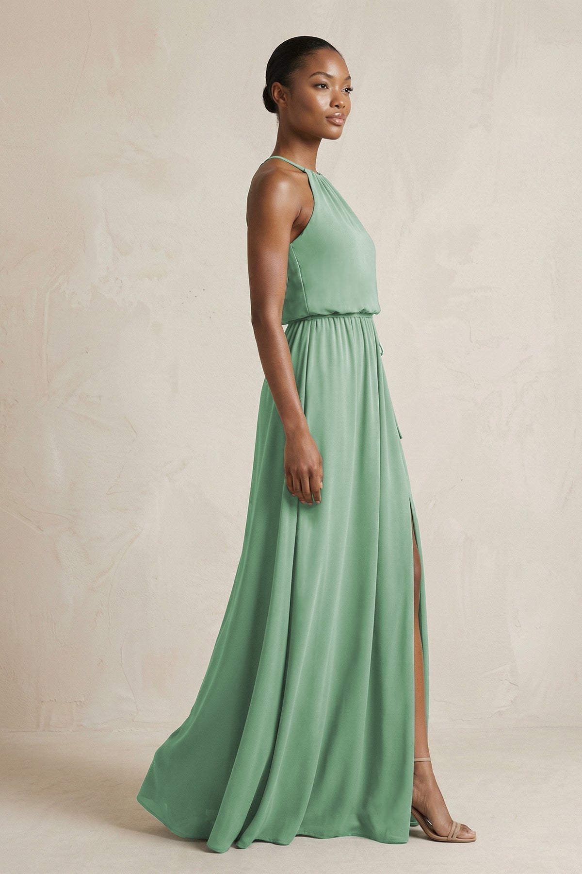 Halter Sheath Ruched Chiffon Bridesmaid Dress in Sea Glass - Curvevia