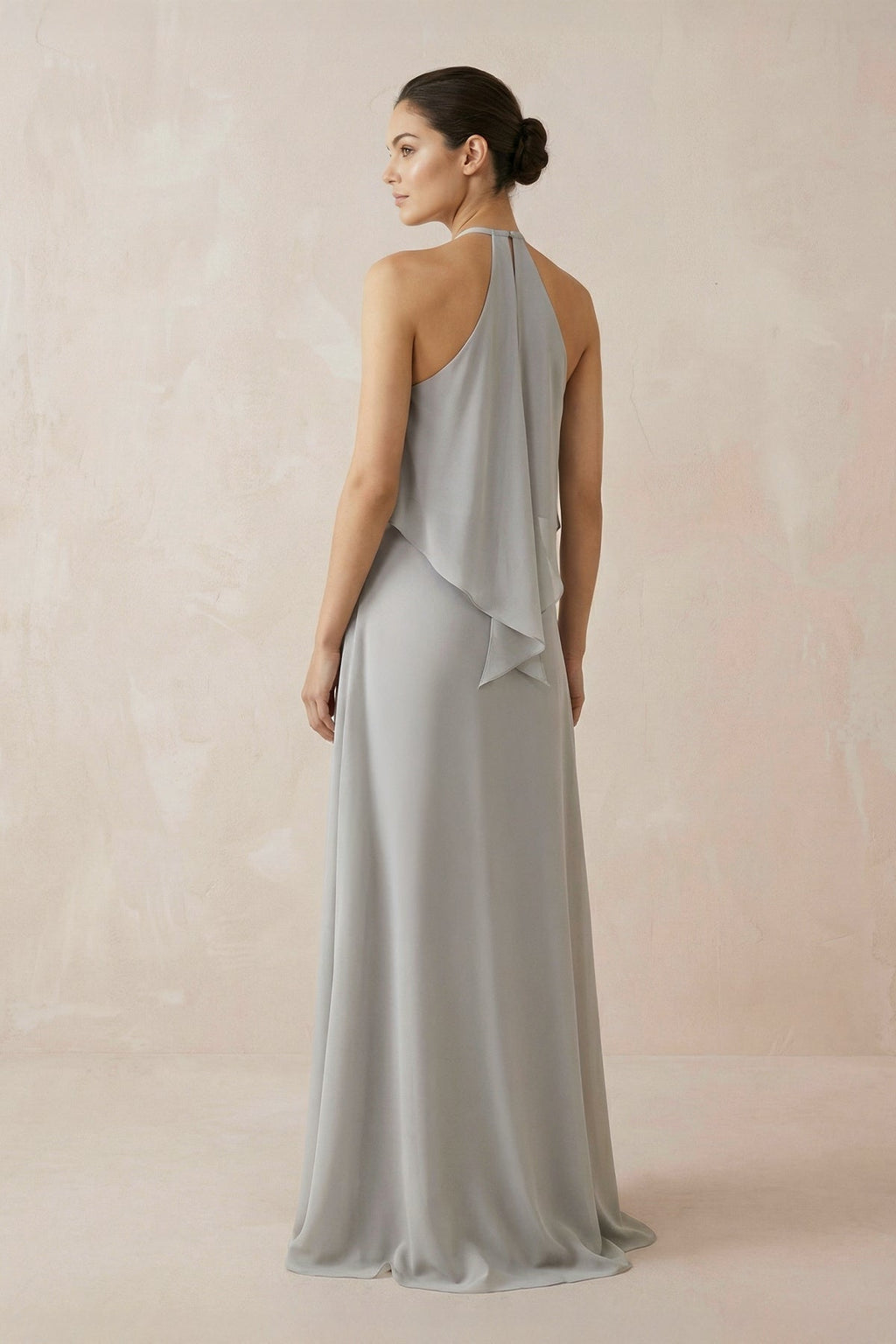 Halter Sheath Ruffled Chiffon Mother of the Bride Dress in Silver - Curvevia
