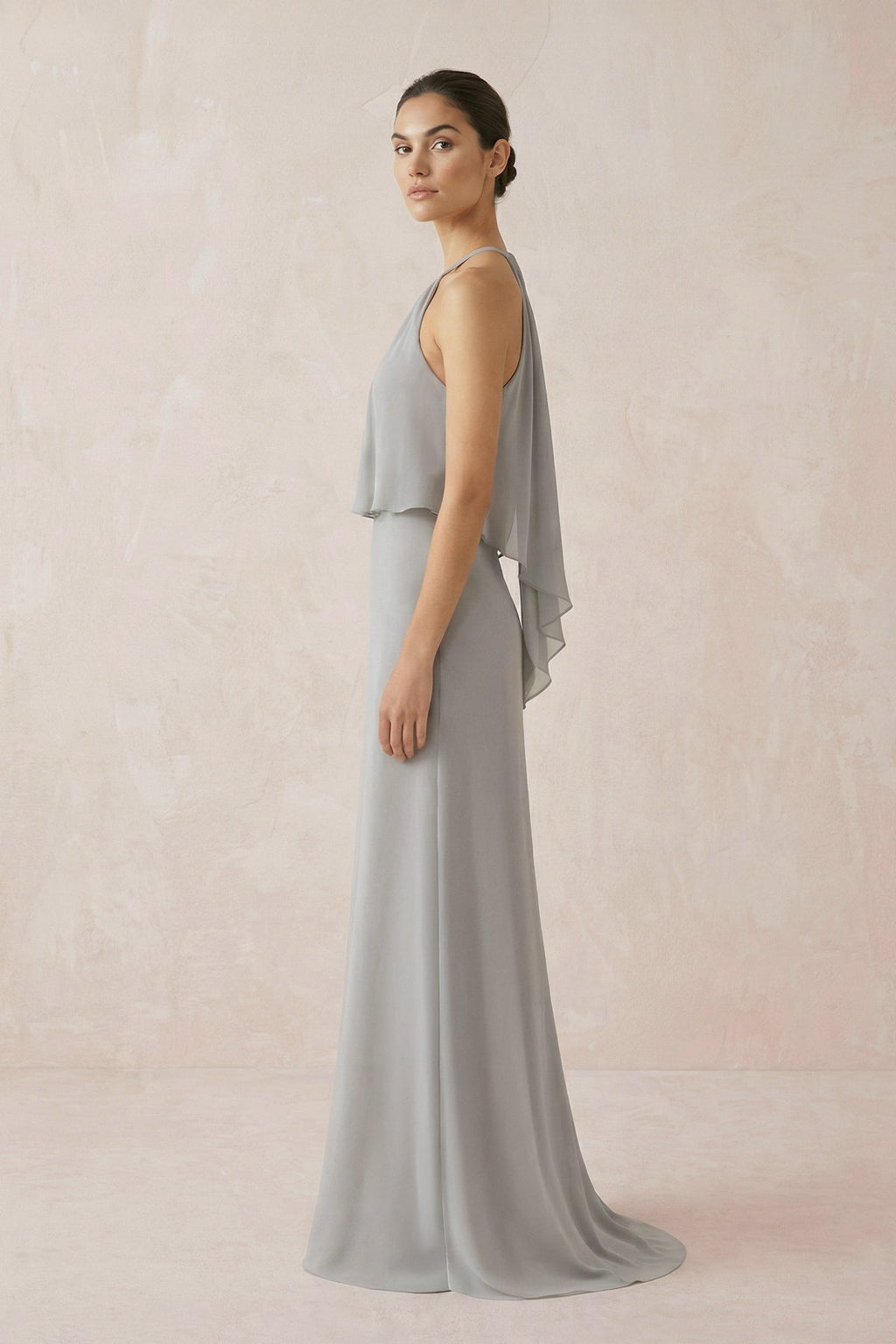Halter Sheath Ruffled Chiffon Mother of the Bride Dress in Silver - Curvevia