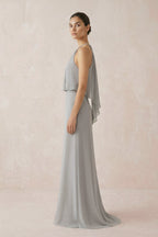Halter Sheath Ruffled Chiffon Mother of the Bride Dress in Silver - Curvevia