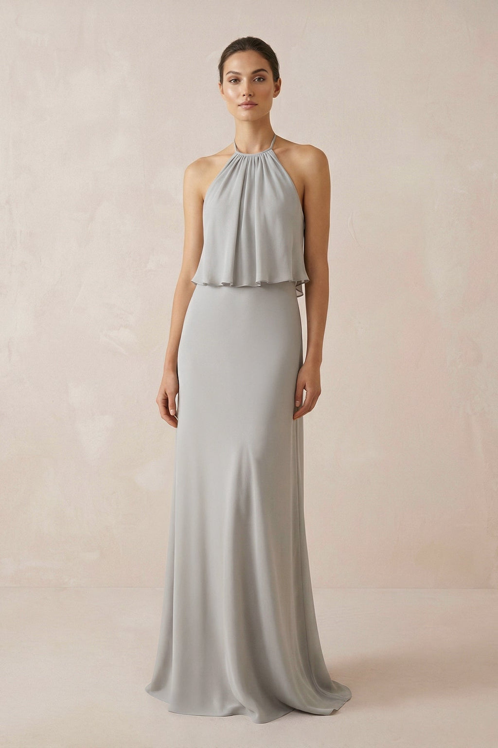 Halter Sheath Ruffled Chiffon Mother of the Bride Dress in Silver - Curvevia
