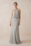 Halter Sheath Ruffled Chiffon Mother of the Bride Dress in Silver - Curvevia