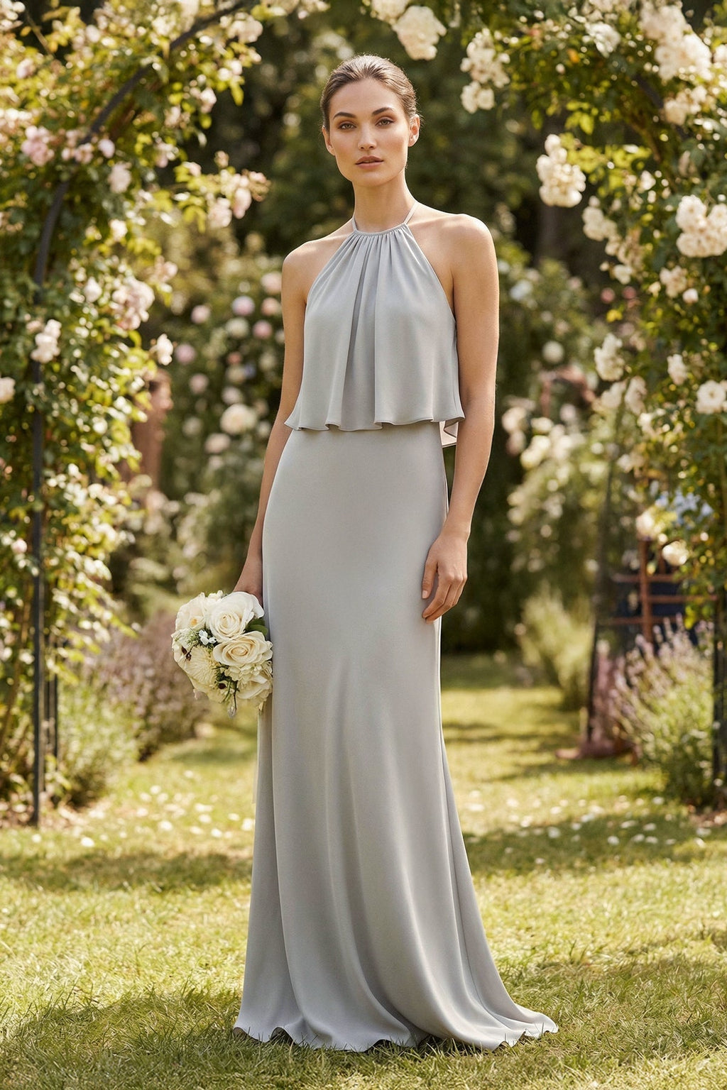 Halter Sheath Ruffled Chiffon Mother of the Bride Dress in Silver - Curvevia