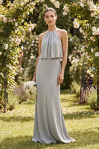 Halter Sheath Ruffled Chiffon Mother of the Bride Dress in Silver - Curvevia