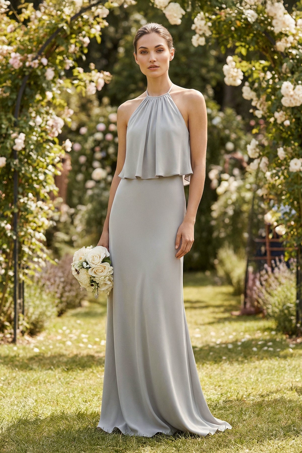 Halter Sheath Ruffled Chiffon Mother of the Bride Dress in Silver - Curvevia