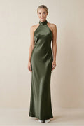 Halter Sheath Satin Bridesmaid Dress in Willow Green - Curvevia