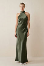 Halter Sheath Satin Bridesmaid Dress in Willow Green - Curvevia