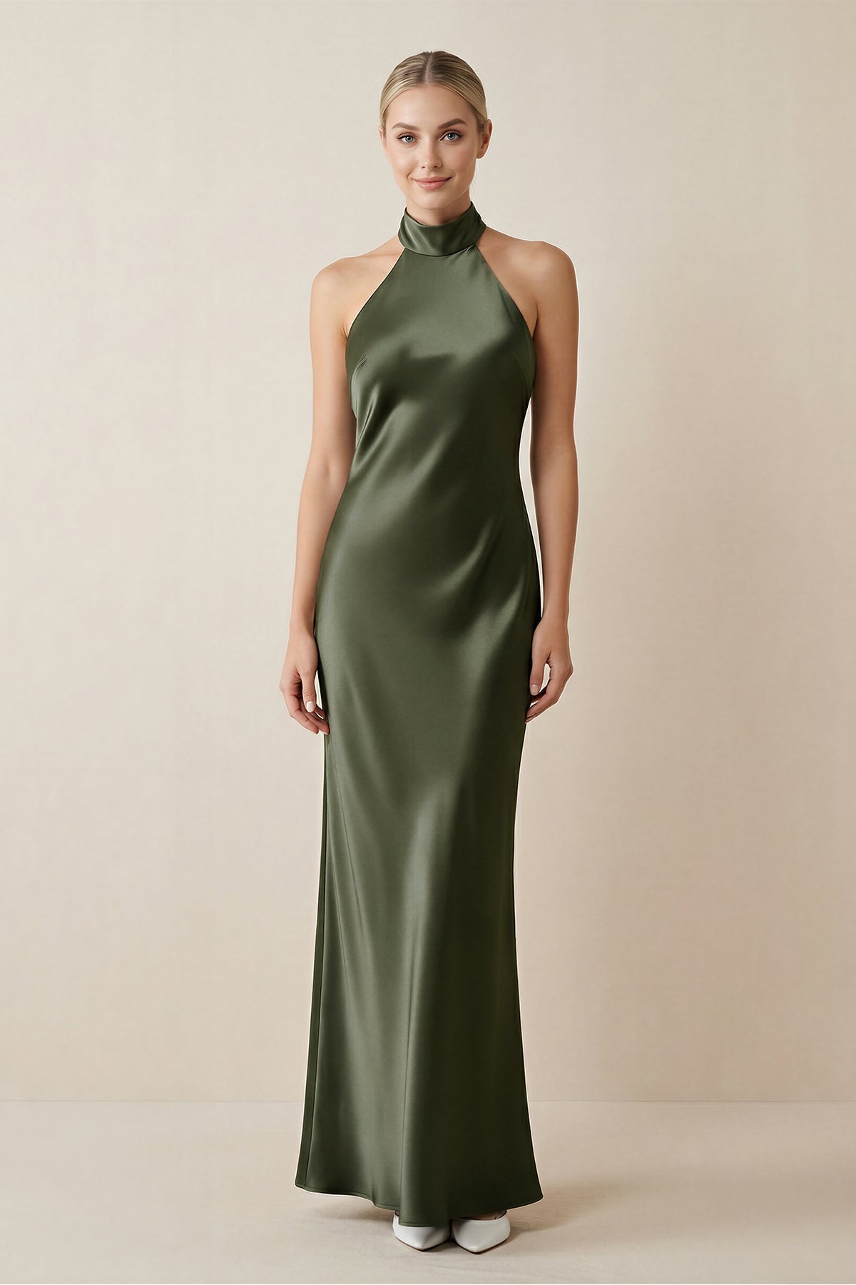 Halter Sheath Satin Bridesmaid Dress in Willow Green - Curvevia