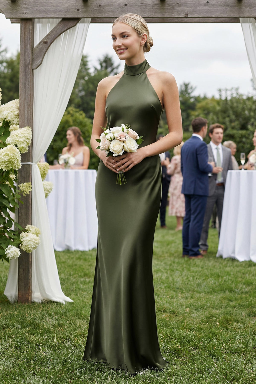 Halter Sheath Satin Bridesmaid Dress in Willow Green - Curvevia