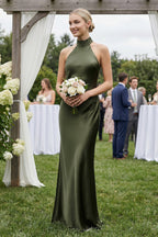 Halter Sheath Satin Bridesmaid Dress in Willow Green - Curvevia
