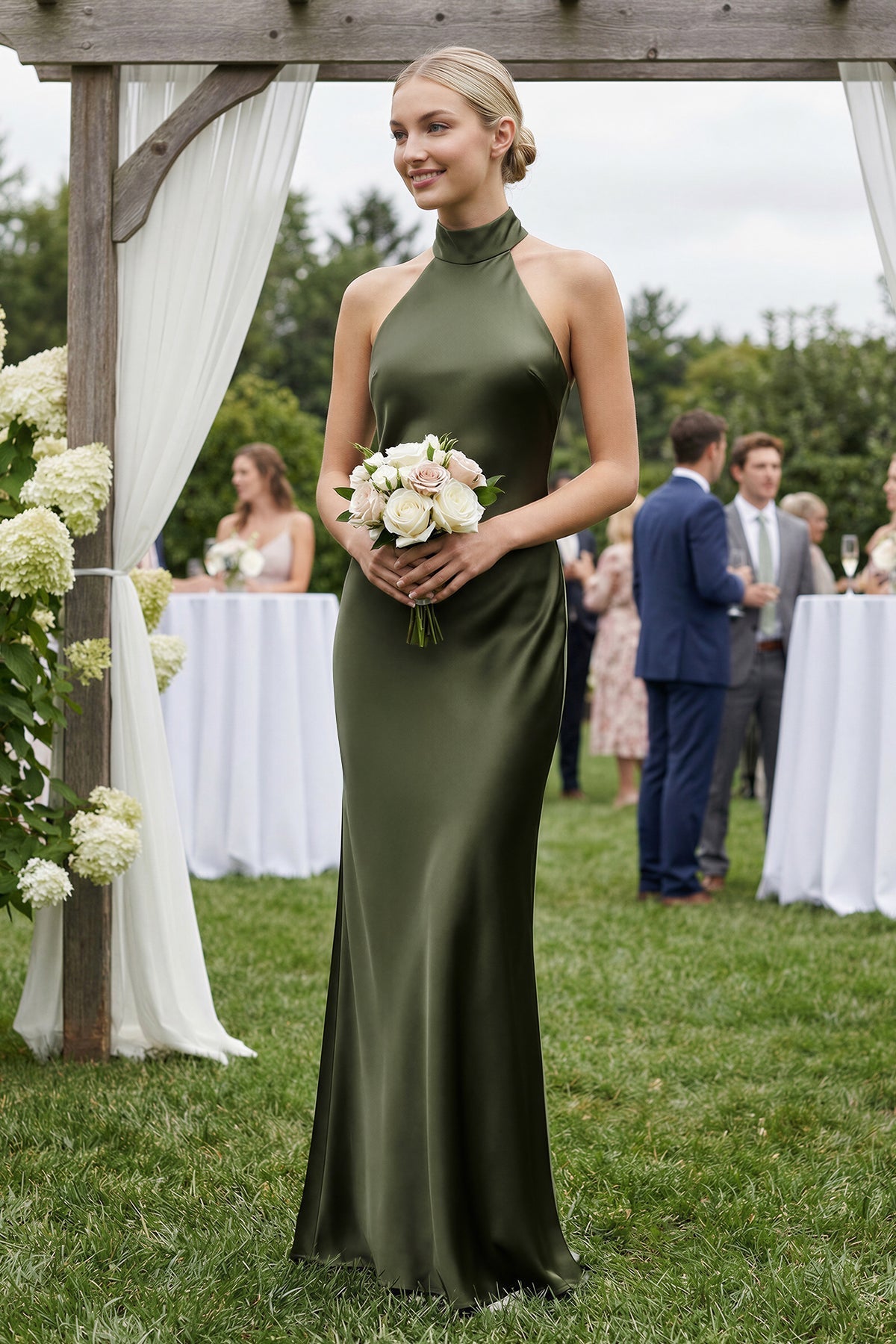 Halter Sheath Satin Bridesmaid Dress in Willow Green - Curvevia
