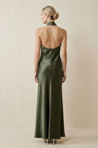 Halter Sheath Satin Bridesmaid Dress in Willow Green - Curvevia