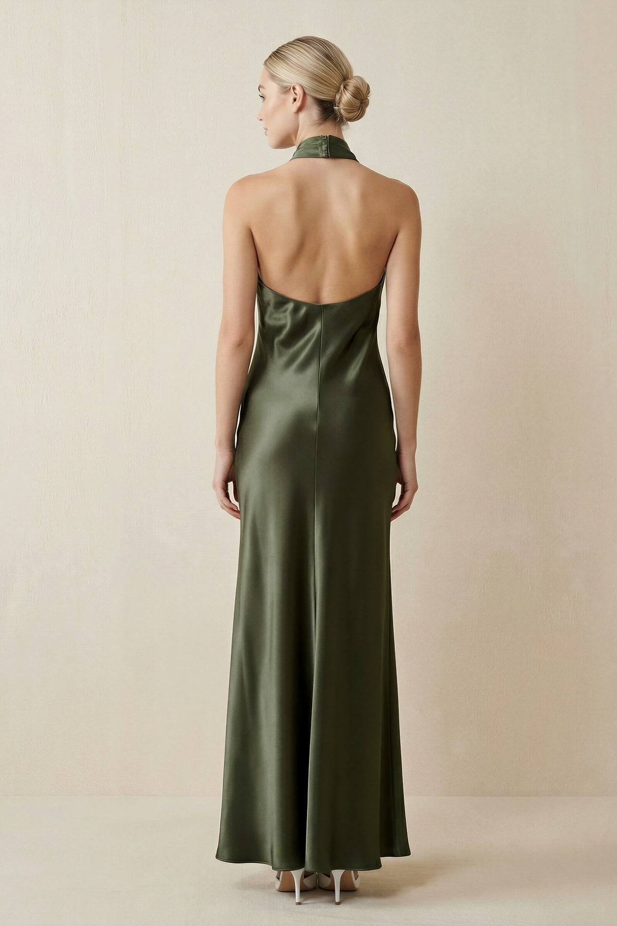 Halter Sheath Satin Bridesmaid Dress in Willow Green - Curvevia