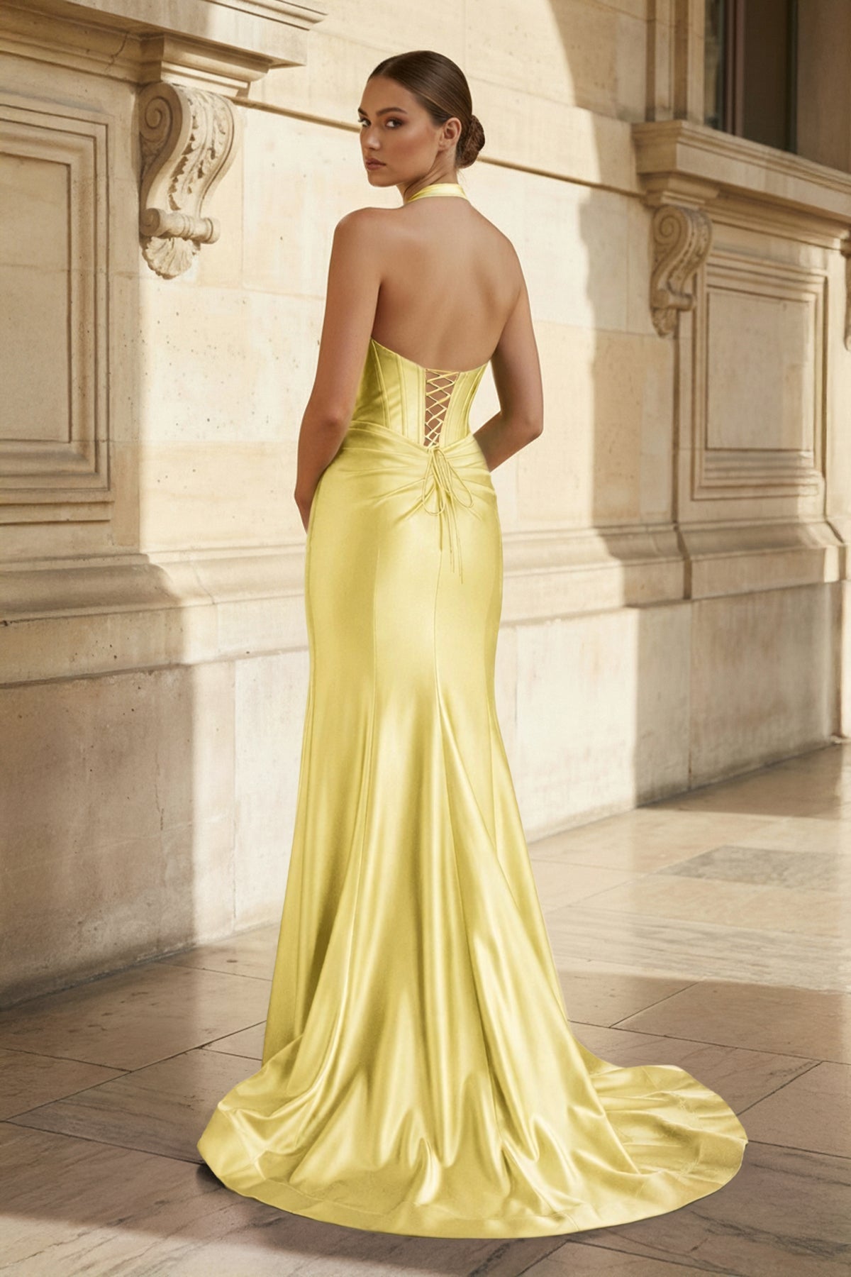 Navy Halter Corset Mermaid Ruched Long Evening Dress with Slit - Curvevia