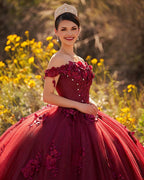 Ball Gown Organza Off The Shoulder Burgundy Quinceanera Dress - Curvevia