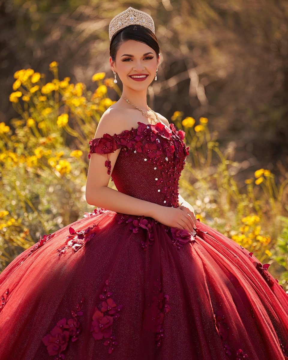 Ball Gown Organza Off The Shoulder Burgundy Quinceanera Dress - Curvevia