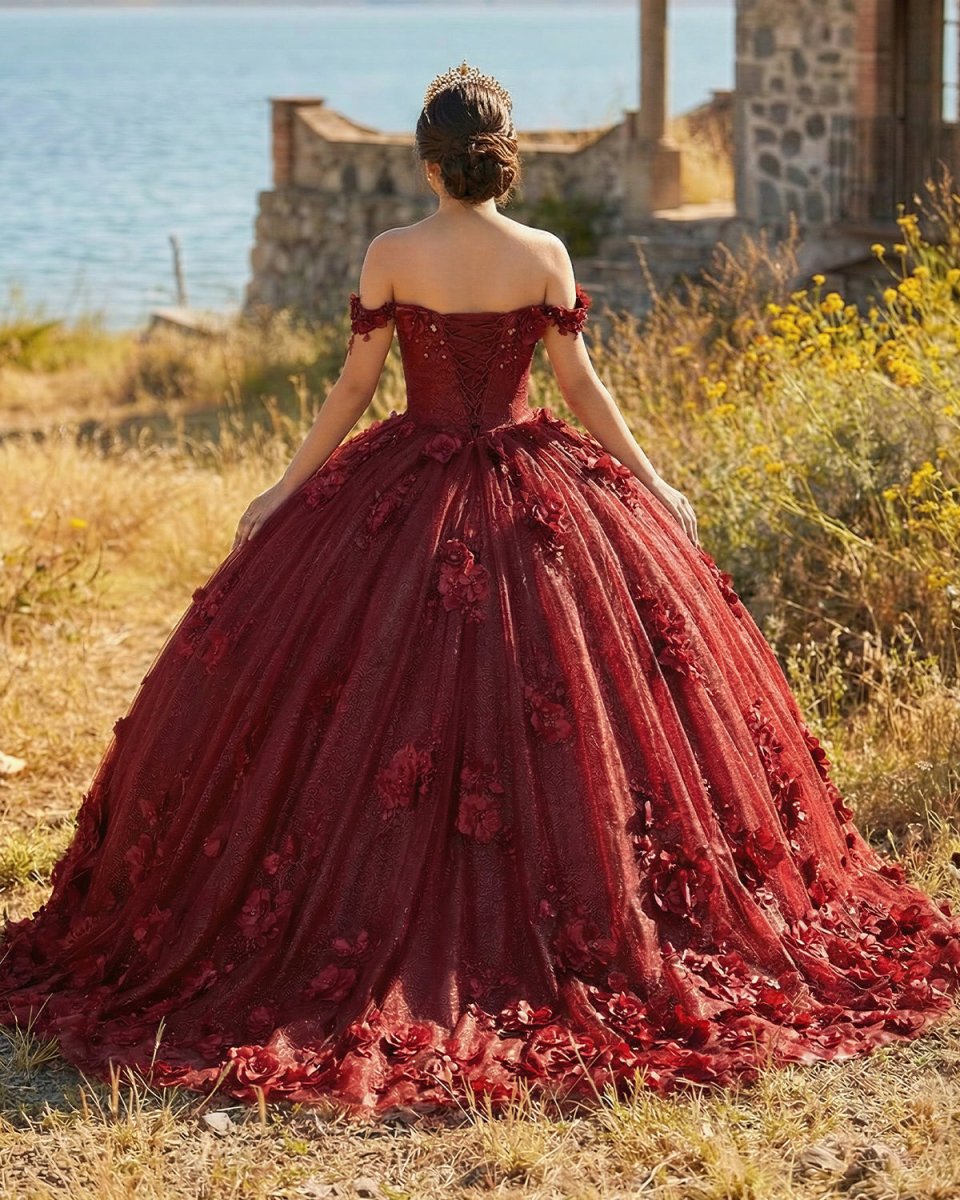Ball Gown Organza Off The Shoulder Burgundy Quinceanera Dress - Curvevia