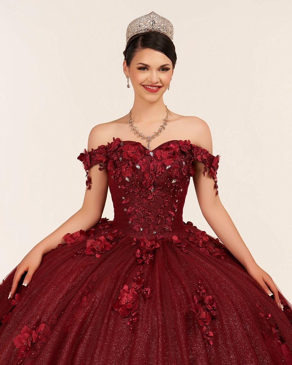 Ball Gown Organza Off The Shoulder Burgundy Quinceanera Dress - Curvevia