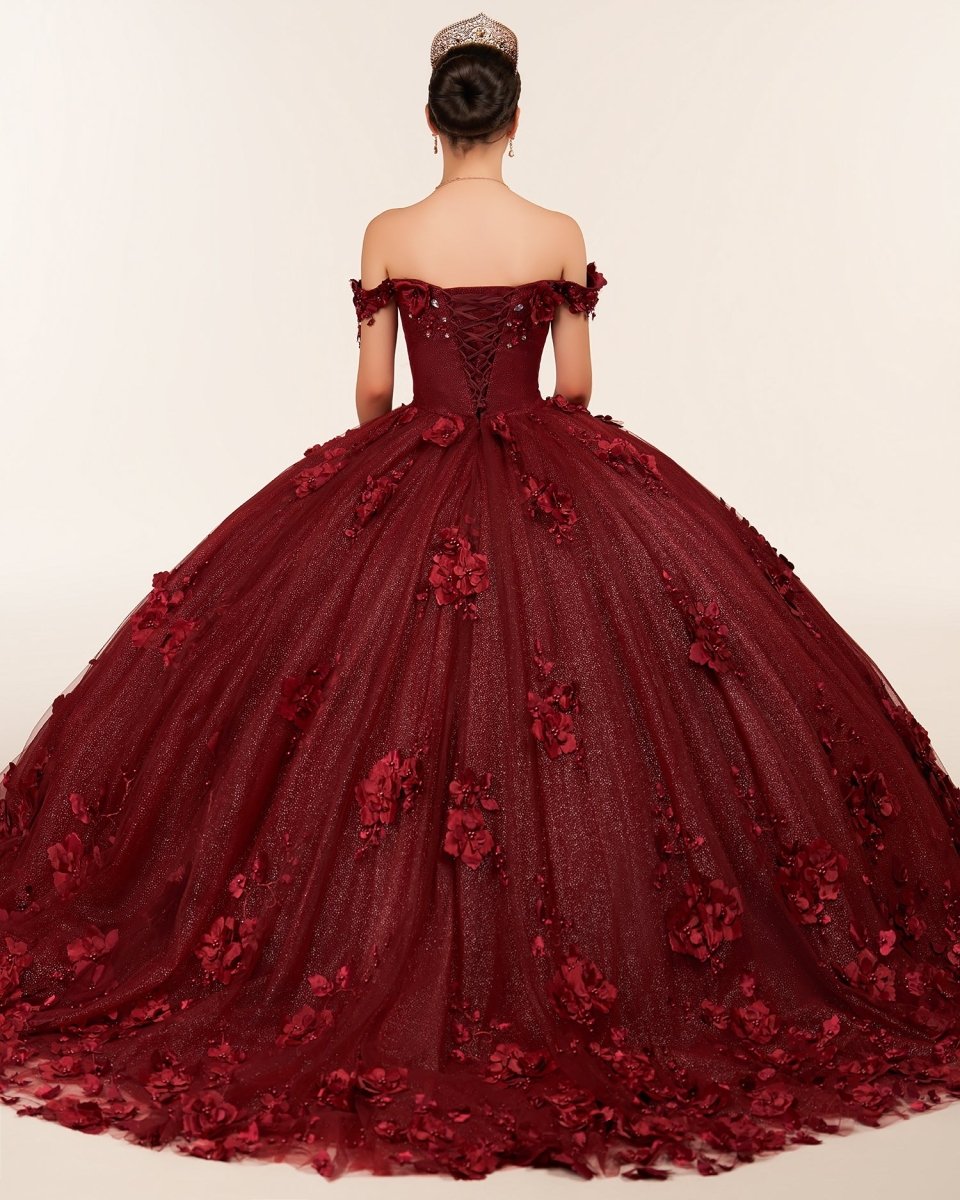 Ball Gown Organza Off The Shoulder Burgundy Quinceanera Dress - Curvevia