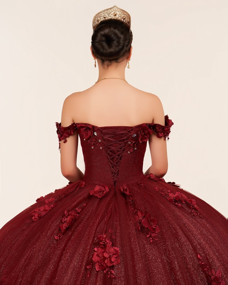 Ball Gown Organza Off The Shoulder Burgundy Quinceanera Dress - Curvevia