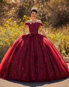 Ball Gown Organza Off The Shoulder Burgundy Quinceanera Dress - Curvevia
