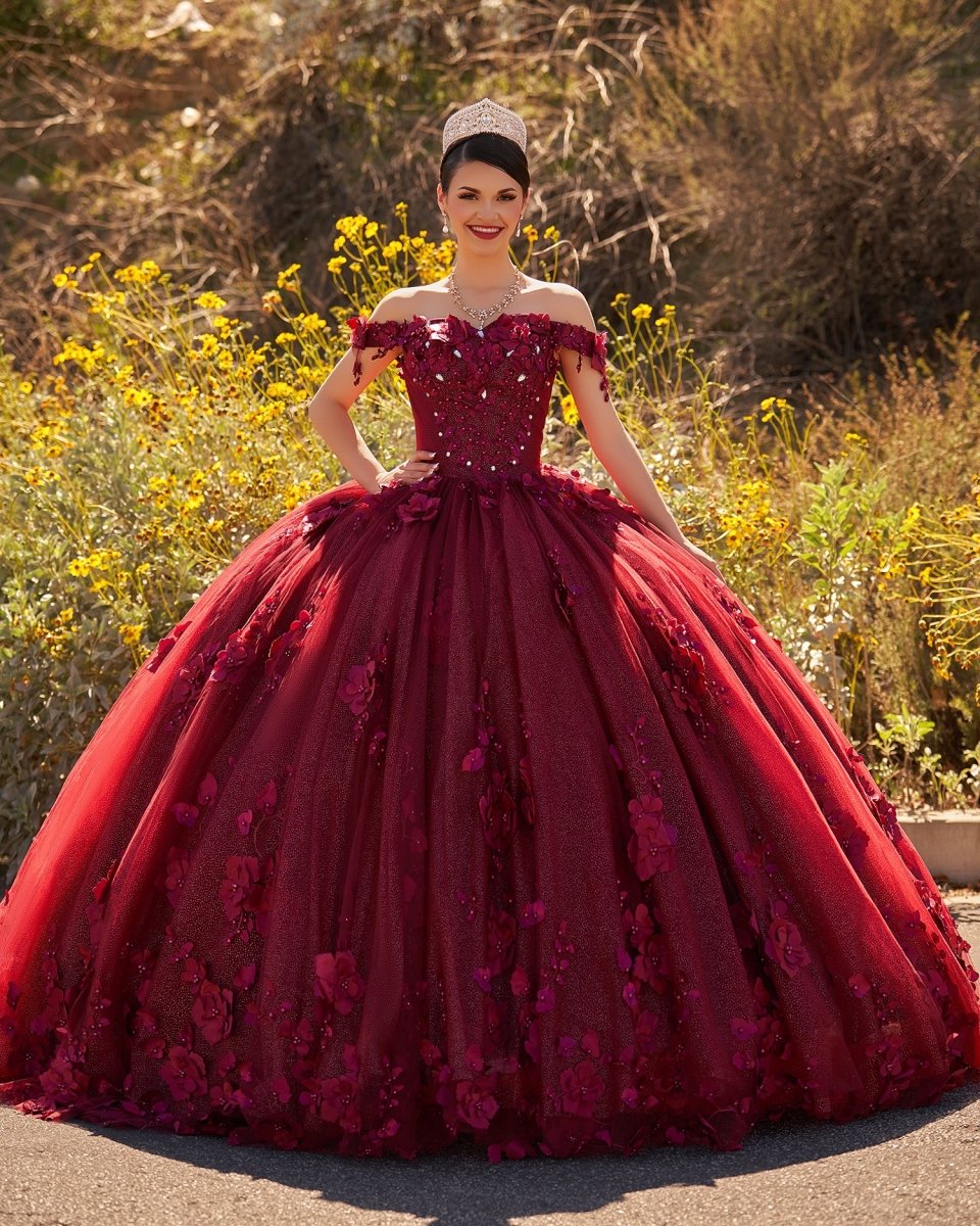 Ball Gown Organza Off The Shoulder Burgundy Quinceanera Dress - Curvevia
