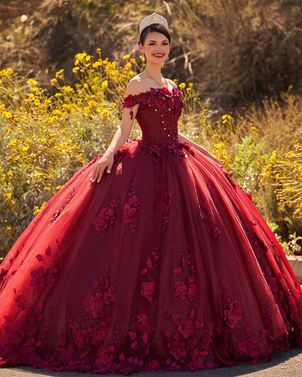 Ball Gown Organza Off The Shoulder Burgundy Quinceanera Dress - Curvevia