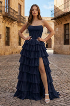 Navy Blue - A Line Strapless Chiffon Beaded Corset Long Evening Dress With Slit - Curvevia