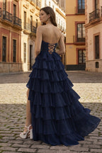 Navy Blue - A Line Strapless Chiffon Beaded Corset Long Evening Dress With Slit - Curvevia
