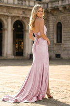 Sky Blue Halter Mermaid Satin Beaded Long Formal Prom Dresses With Slit - Curvevia