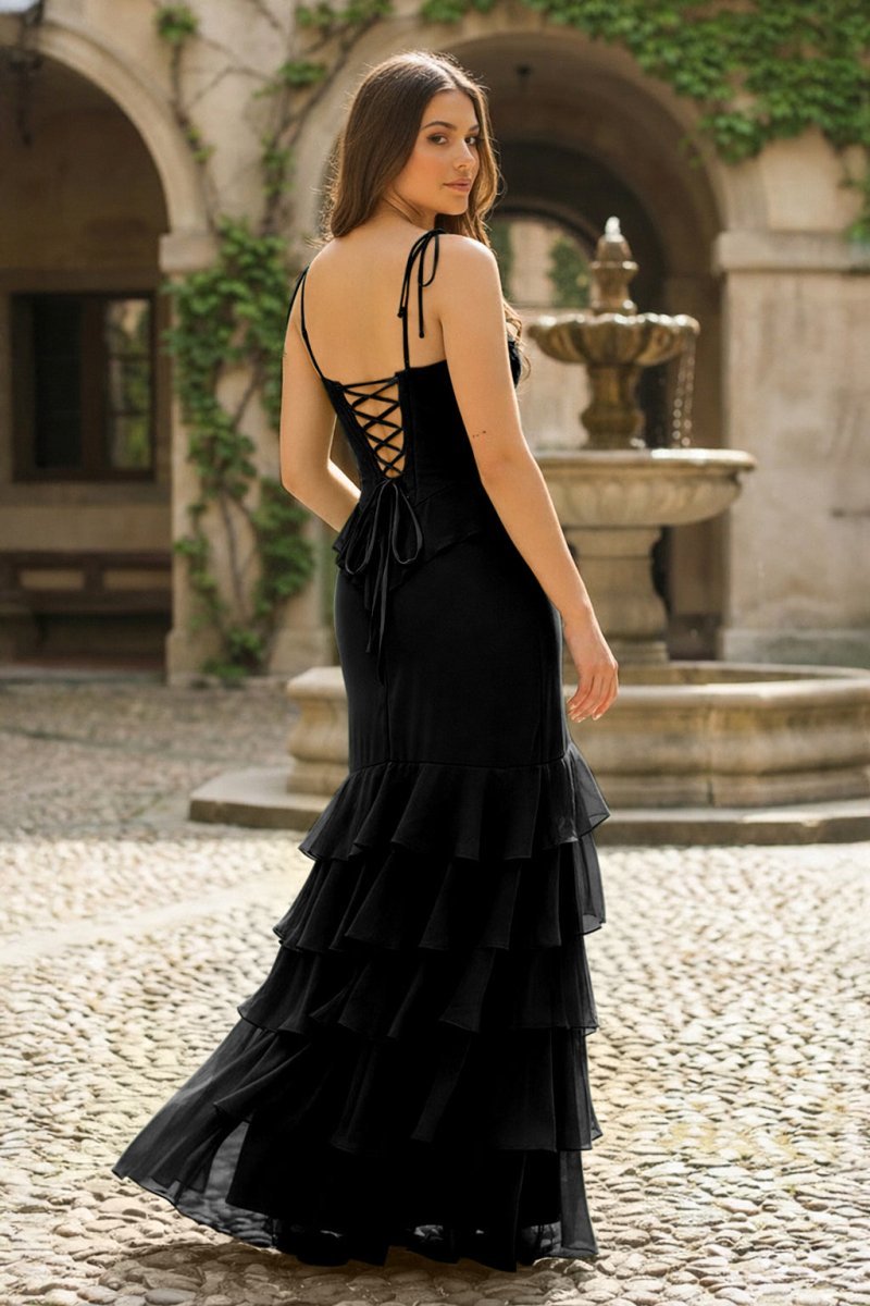 Tie Shoulder Red Mermaid Ruffle Tiered Long Wedding Guest Dress with Slit - Curvevia