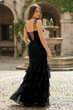 Tie Shoulder Red Mermaid Ruffle Tiered Long Wedding Guest Dress with Slit - Curvevia