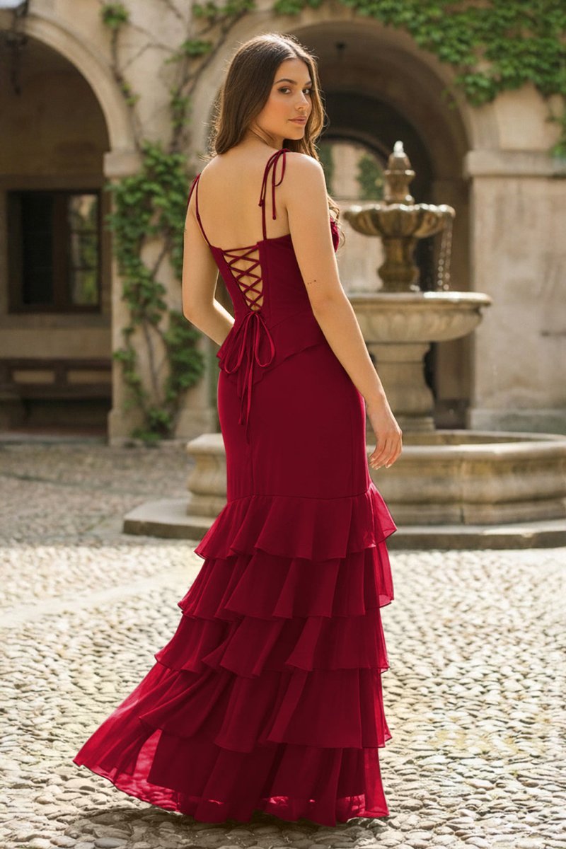 Tie Shoulder Red Mermaid Ruffle Tiered Long Wedding Guest Dress with Slit - Curvevia