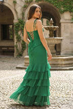 Tie Shoulder Red Mermaid Ruffle Tiered Long Wedding Guest Dress with Slit - Curvevia