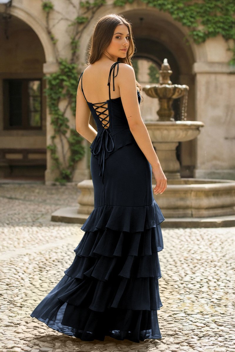 Tie Shoulder Red Mermaid Ruffle Tiered Long Wedding Guest Dress with Slit - Curvevia