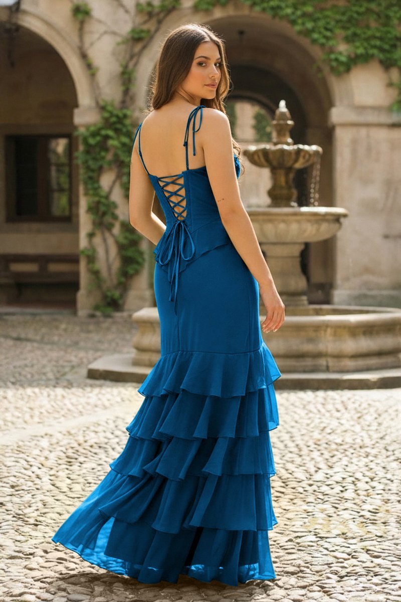 Tie Shoulder Red Mermaid Ruffle Tiered Long Wedding Guest Dress with Slit - Curvevia