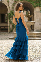 Tie Shoulder Red Mermaid Ruffle Tiered Long Wedding Guest Dress with Slit - Curvevia