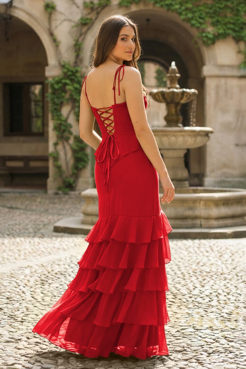 Tie Shoulder Red Mermaid Ruffle Tiered Long Wedding Guest Dress with Slit - Curvevia