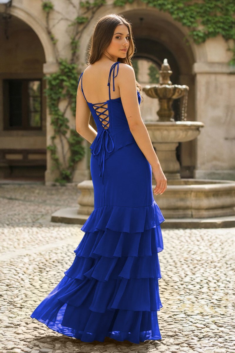 Tie Shoulder Red Mermaid Ruffle Tiered Long Wedding Guest Dress with Slit - Curvevia